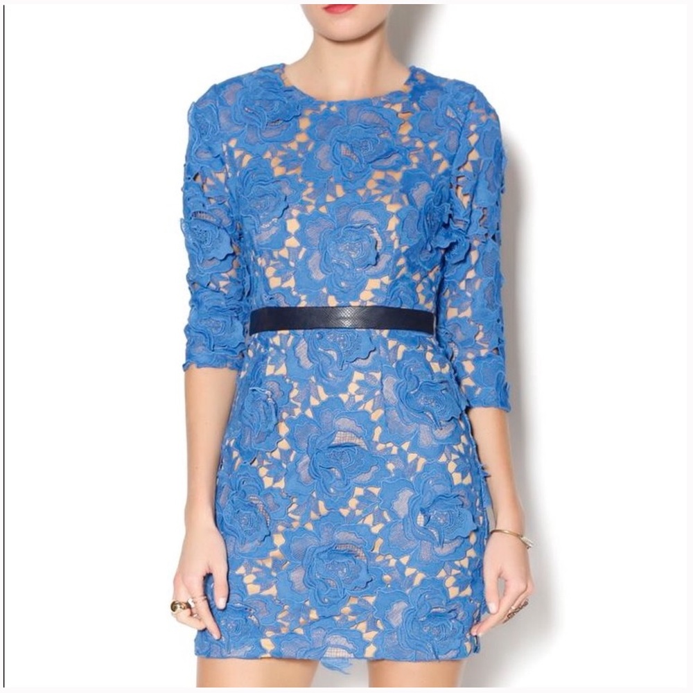 Dance & Marvel blue lace appliqué mini dress size small